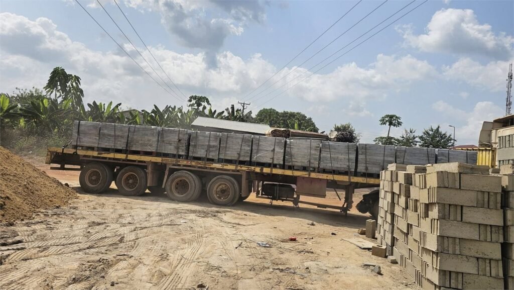 Truck loaded with palletised blocks ready for delivery