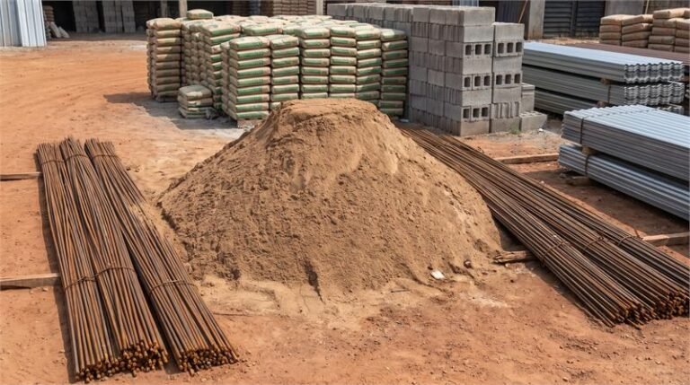 Building materials yard with cement, sand, blocks and reinforcement bars