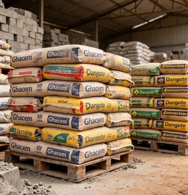 Pallets of 50kg Portland cement bags stored under cover