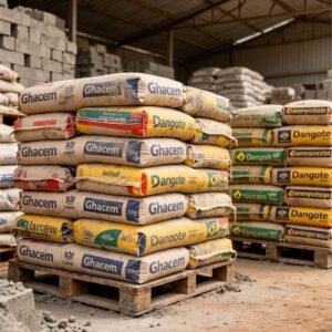 Pallets of 50kg Portland cement bags stored under cover