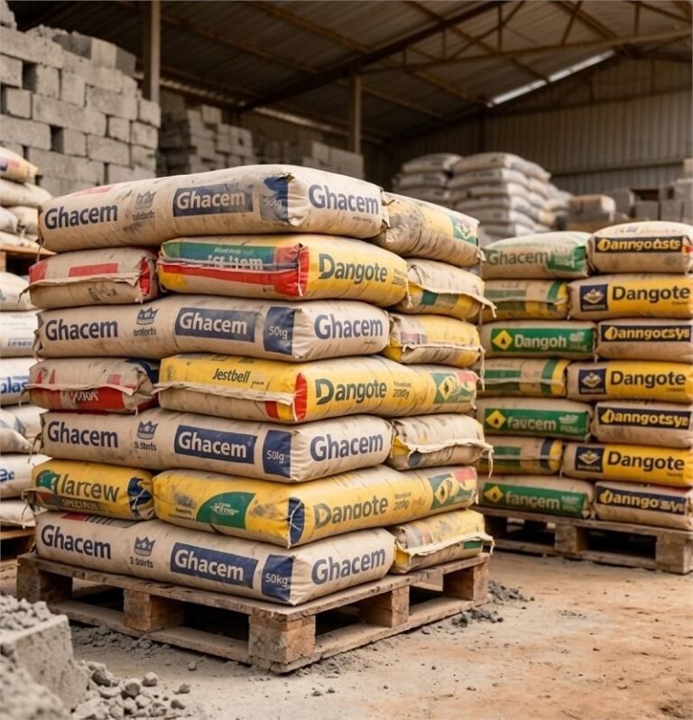 Pallets of 50kg Portland cement bags stored under cover