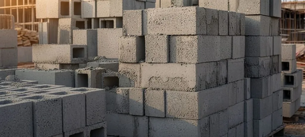 Stacks of solid and hollow concrete blocks