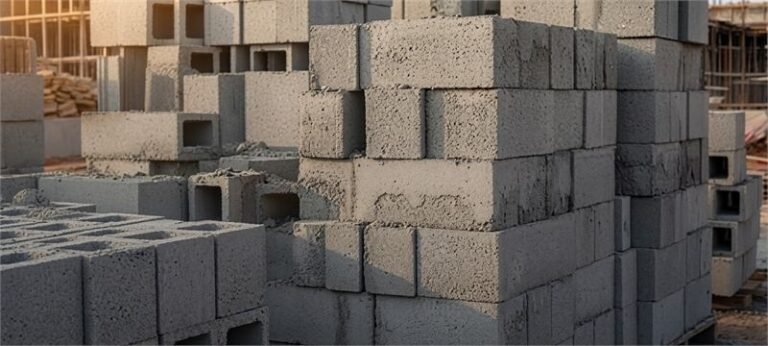 Stacks of solid and hollow concrete blocks