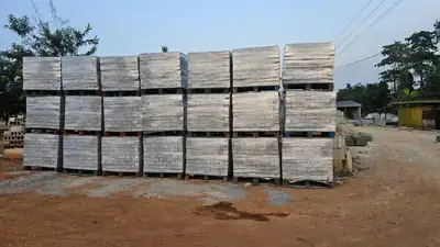 Palletised blocks in the factory yard