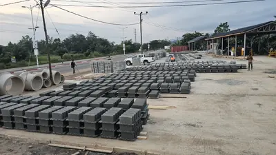 Drainage channel units stacked for despatch